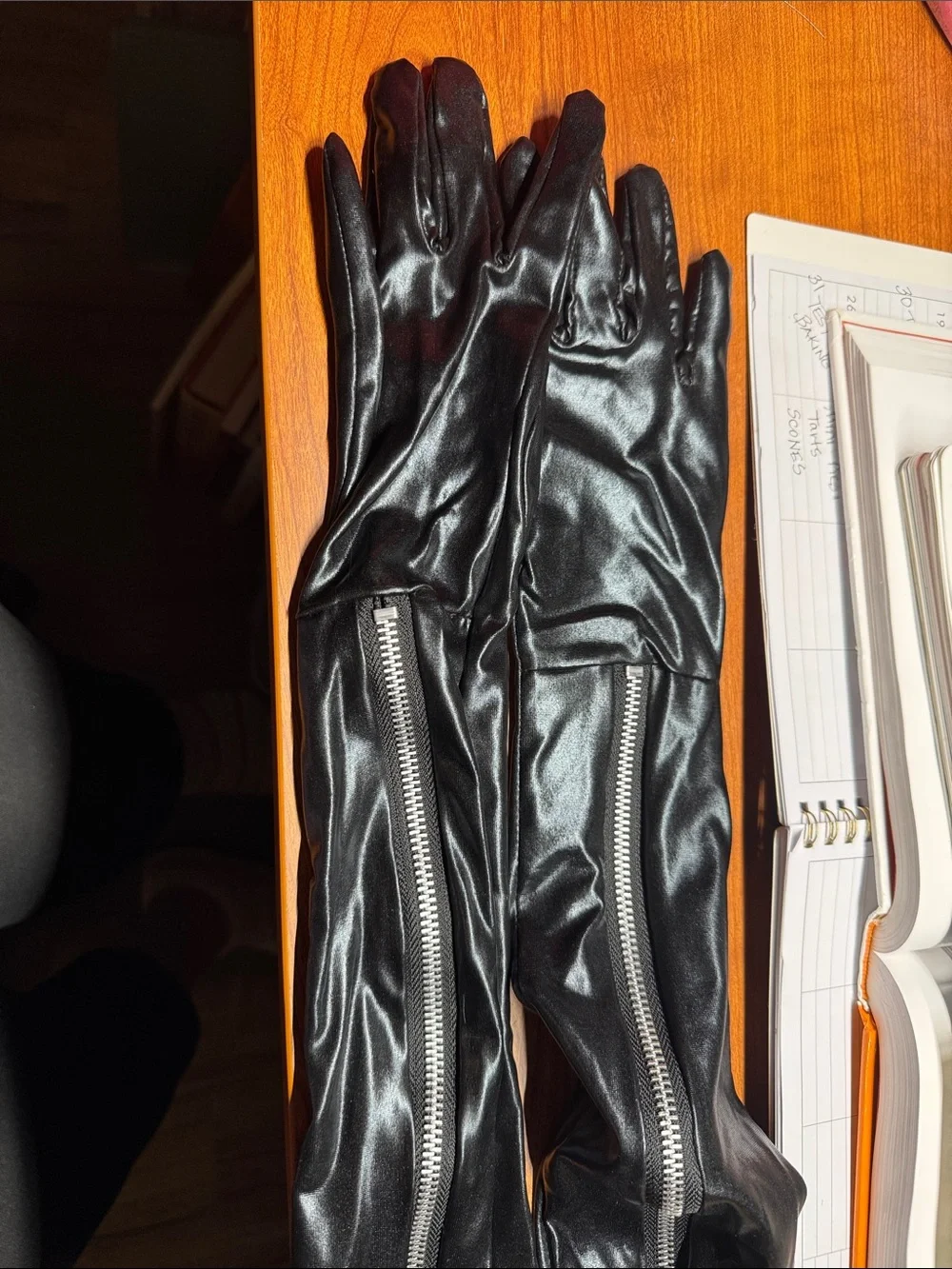 Long Black Faux Leather Gloves with Silver Zippers